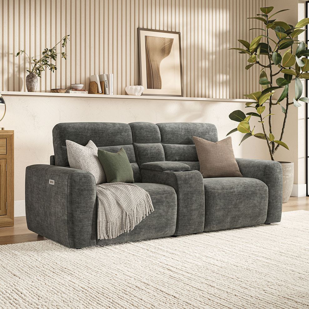 Cohen Group 8 Electric Recliner with 1 console in Plush Charcoal Fabric 1