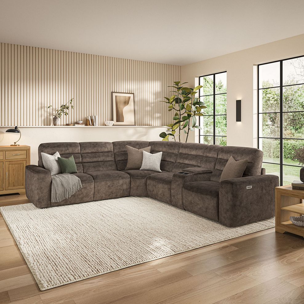 Cohen Large Corner Electric Recliner with Left Hand Sofa Bed and Console in Dapple Chocolate Fabric 3
