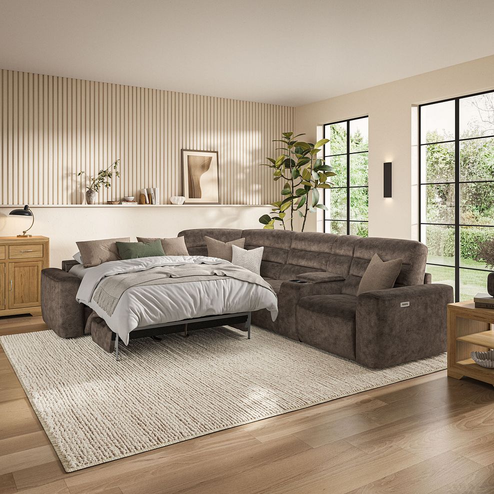 Cohen Large Corner Electric Recliner with Left Hand Sofa Bed and Console in Dapple Chocolate Fabric 1