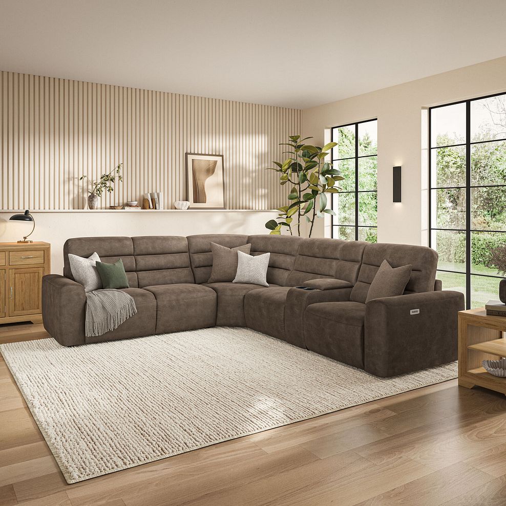 Cohen Large Corner Electric Recliner with Left Hand Sofa Bed and Console in Miller Earth Brown Fabric 3