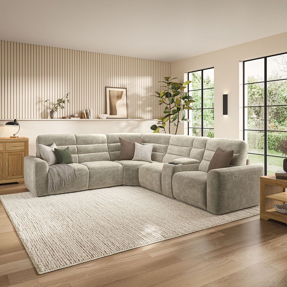 Cohen Large Corner Electric Recliner with Left Hand Sofa Bed and Console in Plush Beige Fabric 3