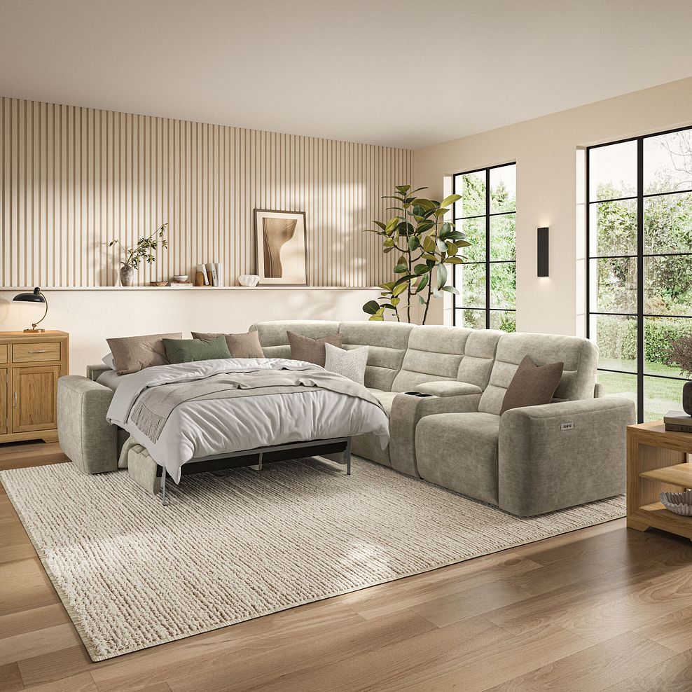 Cohen Large Corner Electric Recliner with Left Hand Sofa Bed and Console in Plush Beige Fabric 1