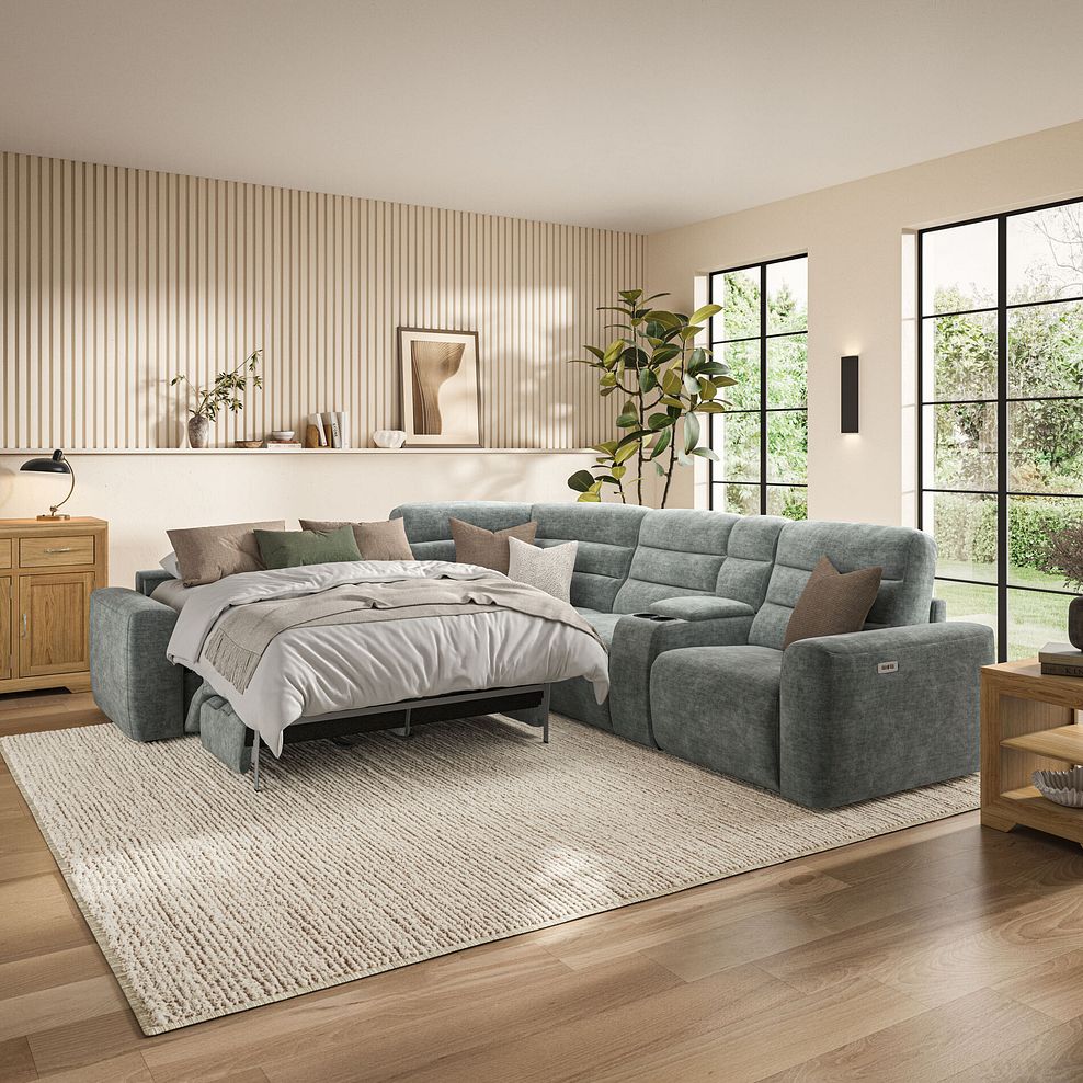 Cohen Large Corner Electric Recliner with Left Hand Sofa Bed and Console in Plush Silver Fabric 1