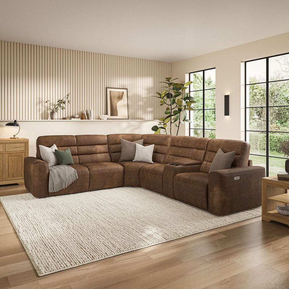 Cohen Large Corner Electric Recliner with Left Hand Sofa Bed and Console in Ranch Brown Fabric 3