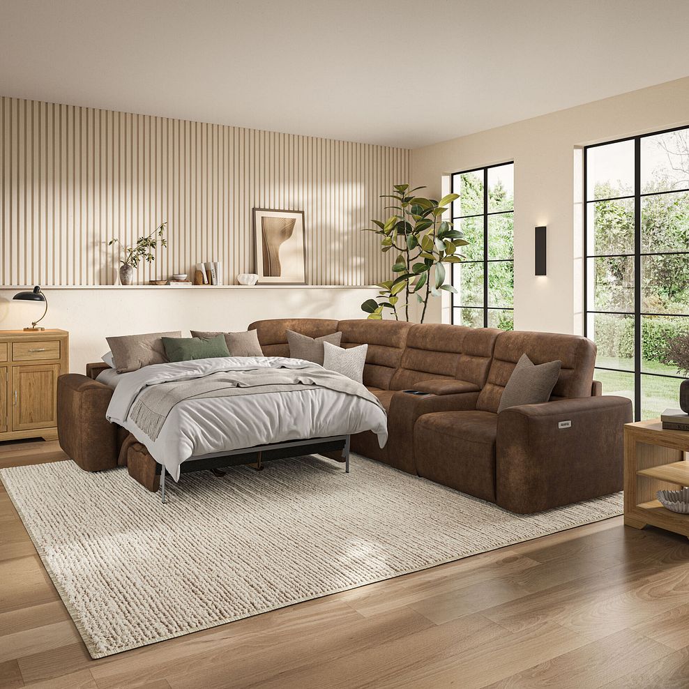 Cohen Large Corner Electric Recliner with Left Hand Sofa Bed and Console in Ranch Brown Fabric 1