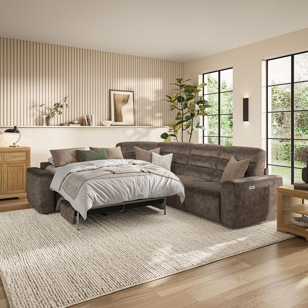 Cohen Large Corner Electric Recliner with Left Hand Sofa Bed in  Dapple Chocolate Fabric 1