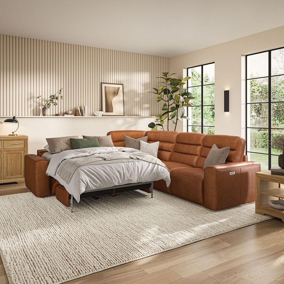 Cohen Large Corner Electric Recliner with Left Hand Sofa Bed in Virgo Cognac Leather 4