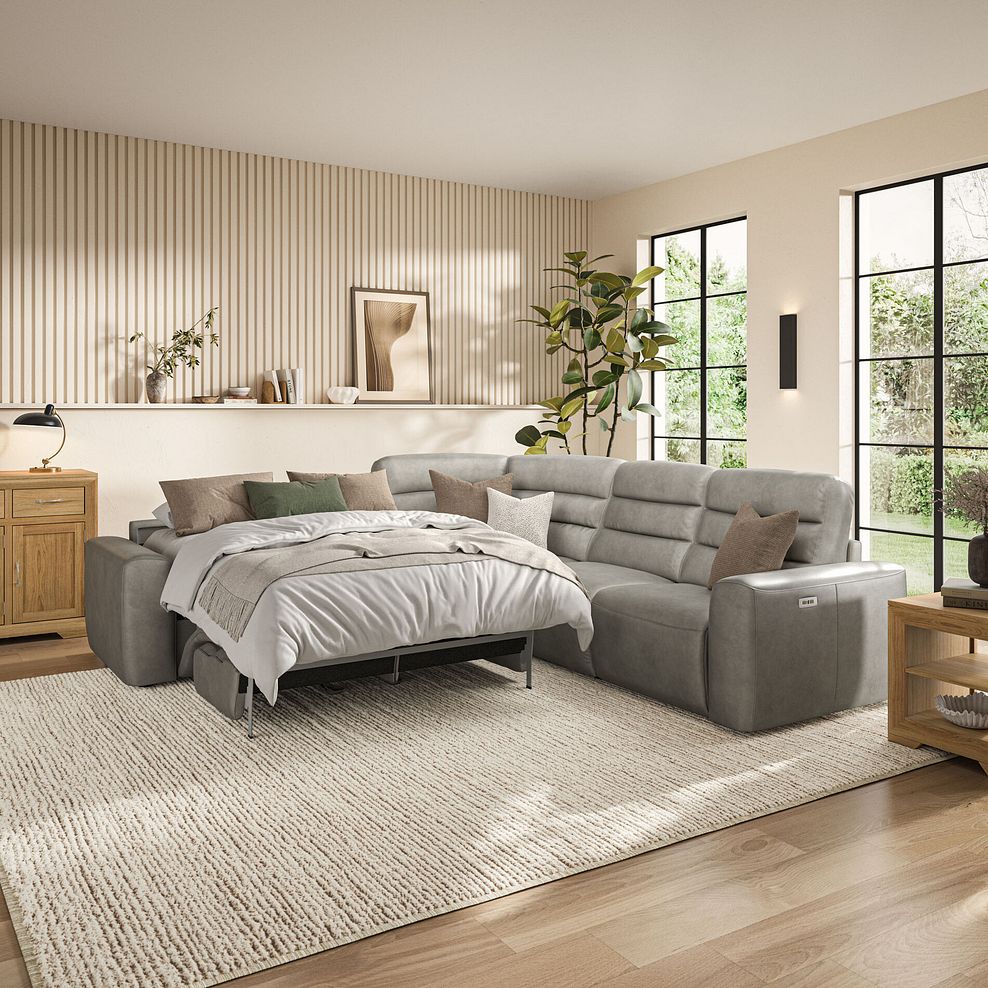 Cohen Large Corner Electric Recliner with Left Hand Sofa Bed in Virgo Platinum Leather 4