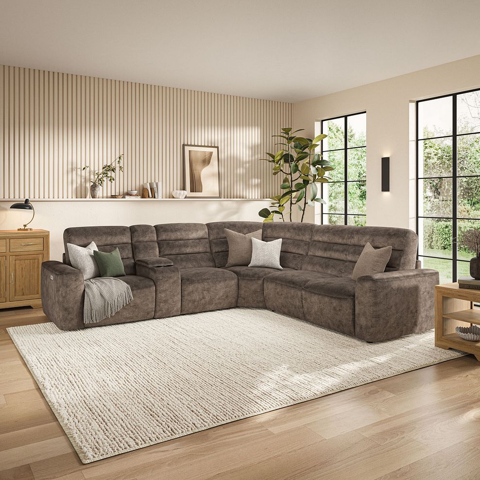Cohen Large Corner Electric Recliner with Right Hand Sofa Bed and Console in  Dapple Chocolate Fabric 3