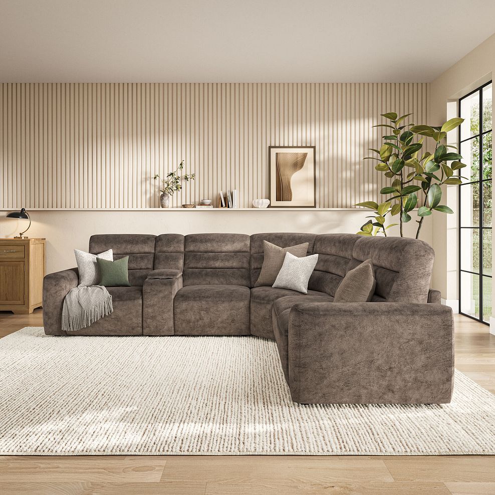 Cohen Large Corner Electric Recliner with Right Hand Sofa Bed and Console in  Dapple Chocolate Fabric 4