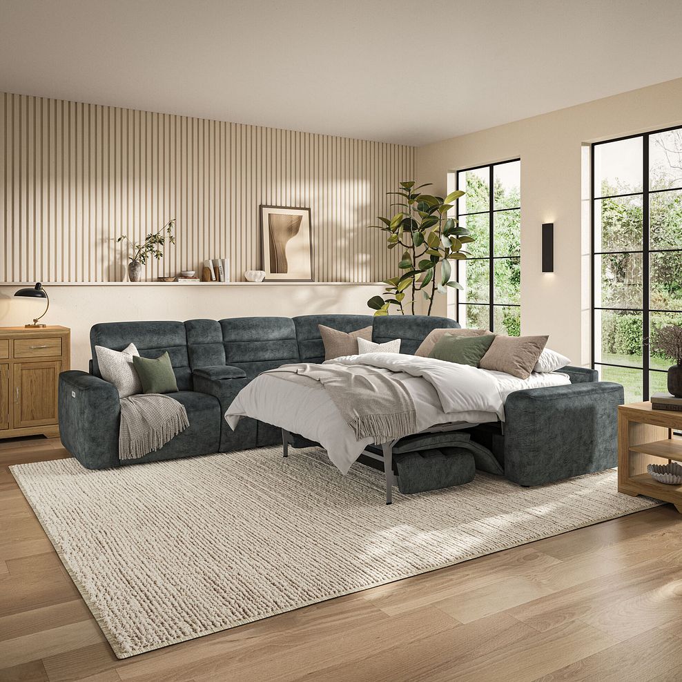 Cohen Large Corner Electric Recliner with Right Hand Sofa Bed and Console in Dapple Grey Fabric 1