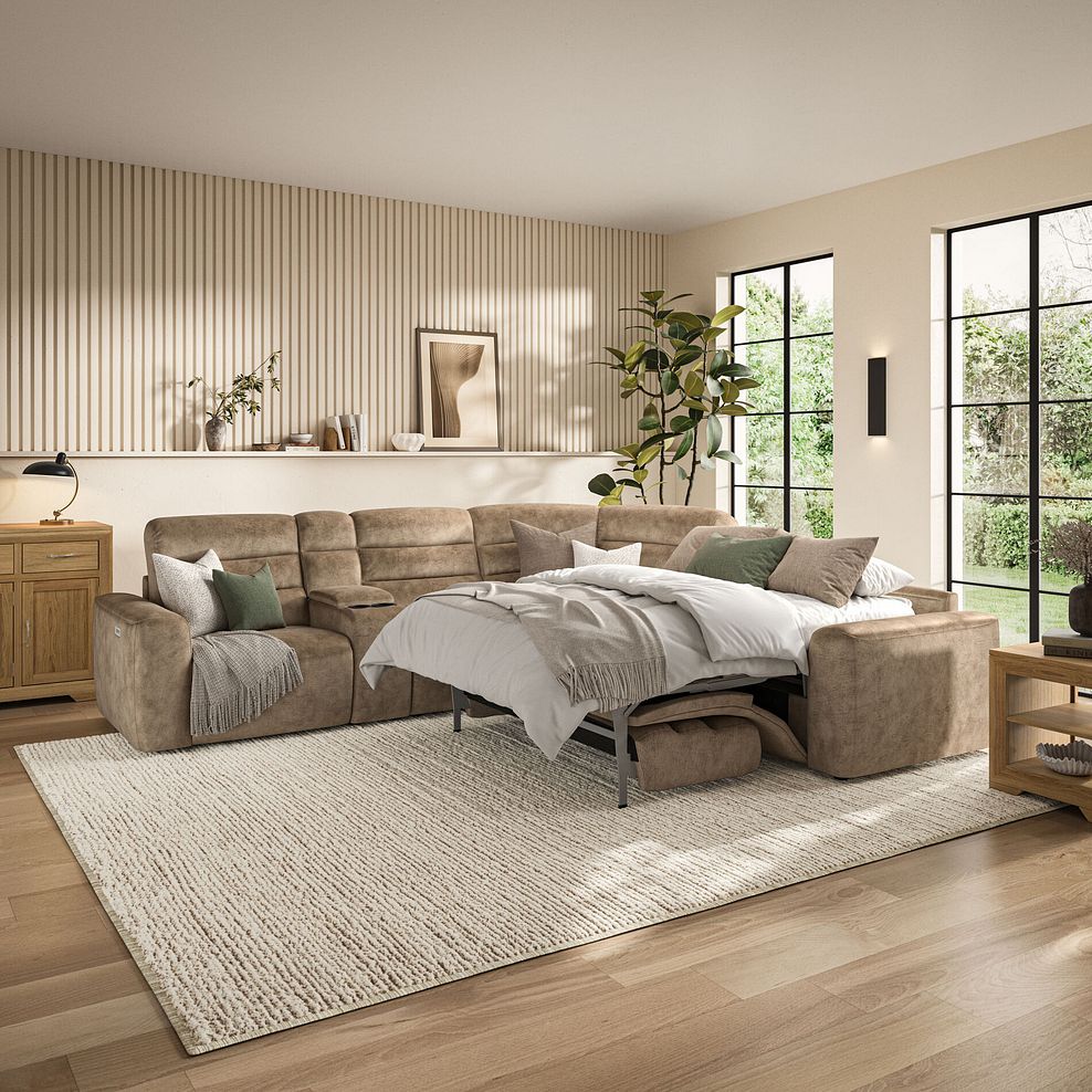 Cohen Large Corner Electric Recliner with Right Hand Sofa Bed and Console in Dapple Taupe Fabric 1