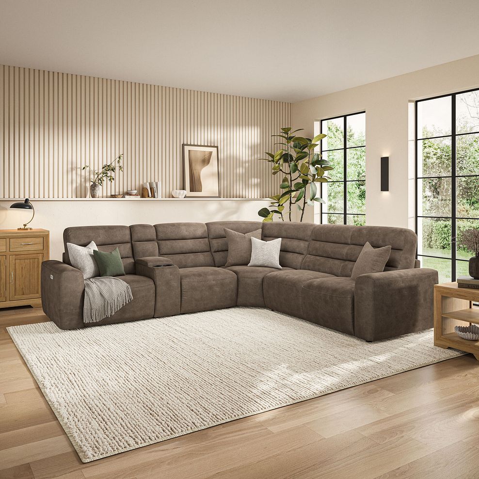 Cohen Large Corner Electric Recliner with Right Hand Sofa Bed and Console in Miller Earth Brown Fabric 3
