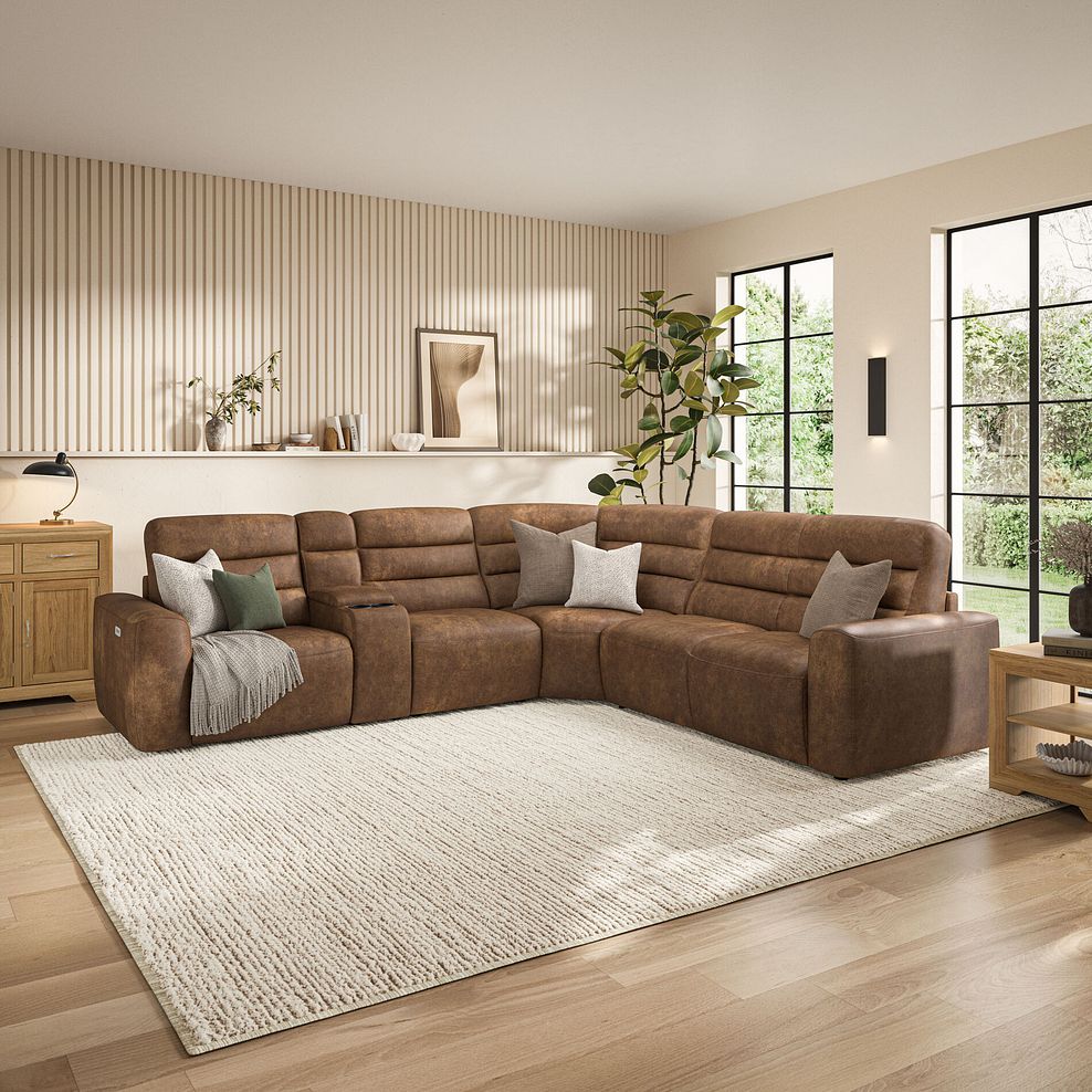 Cohen Large Corner Electric Recliner with Right Hand Sofa Bed and Console in Ranch Brown Fabric 3