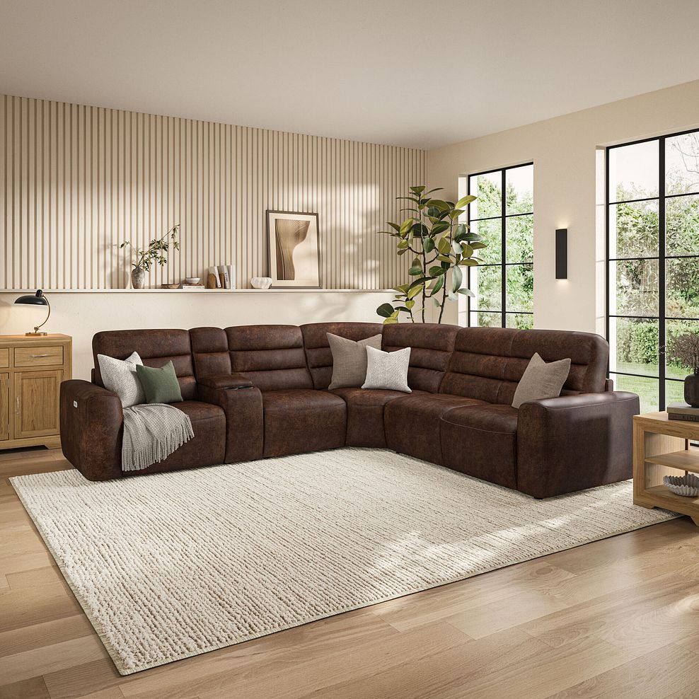 Cohen Large Corner Electric Recliner with Right Hand Sofa Bed and Console in Ranch Dark Brown Fabric 3