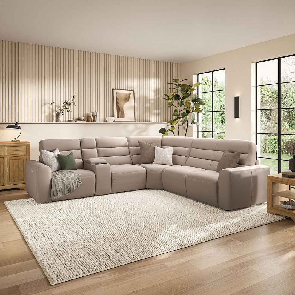 Cohen Large Corner Electric Recliner with Right Hand Sofa Bed and Console in Virgo Buff Leather 1