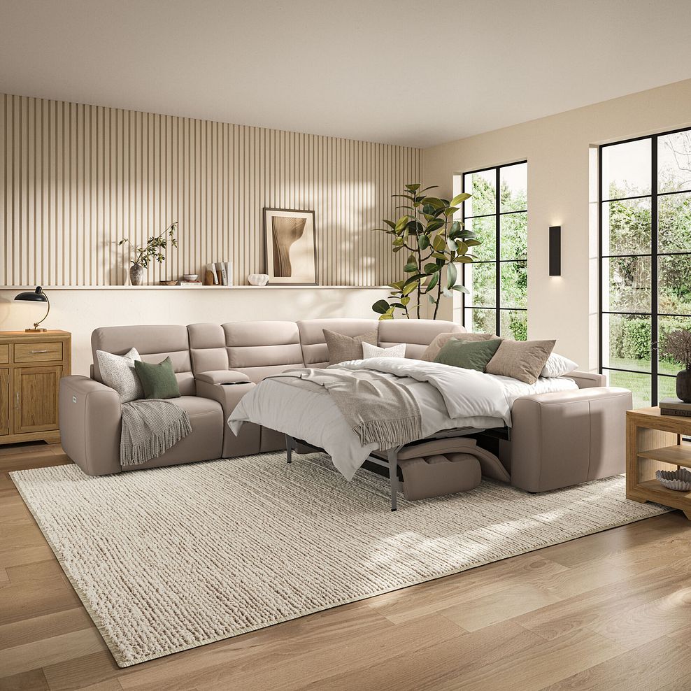 Cohen Large Corner Electric Recliner with Right Hand Sofa Bed and Console in Virgo Buff Leather 4