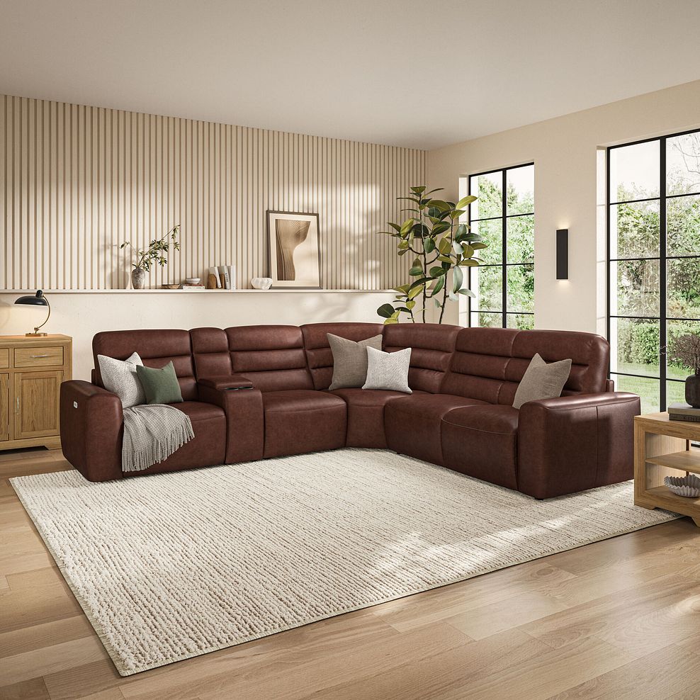 Cohen Large Corner Electric Recliner with Right Hand Sofa Bed and Console in Virgo Chestnut Leather 1