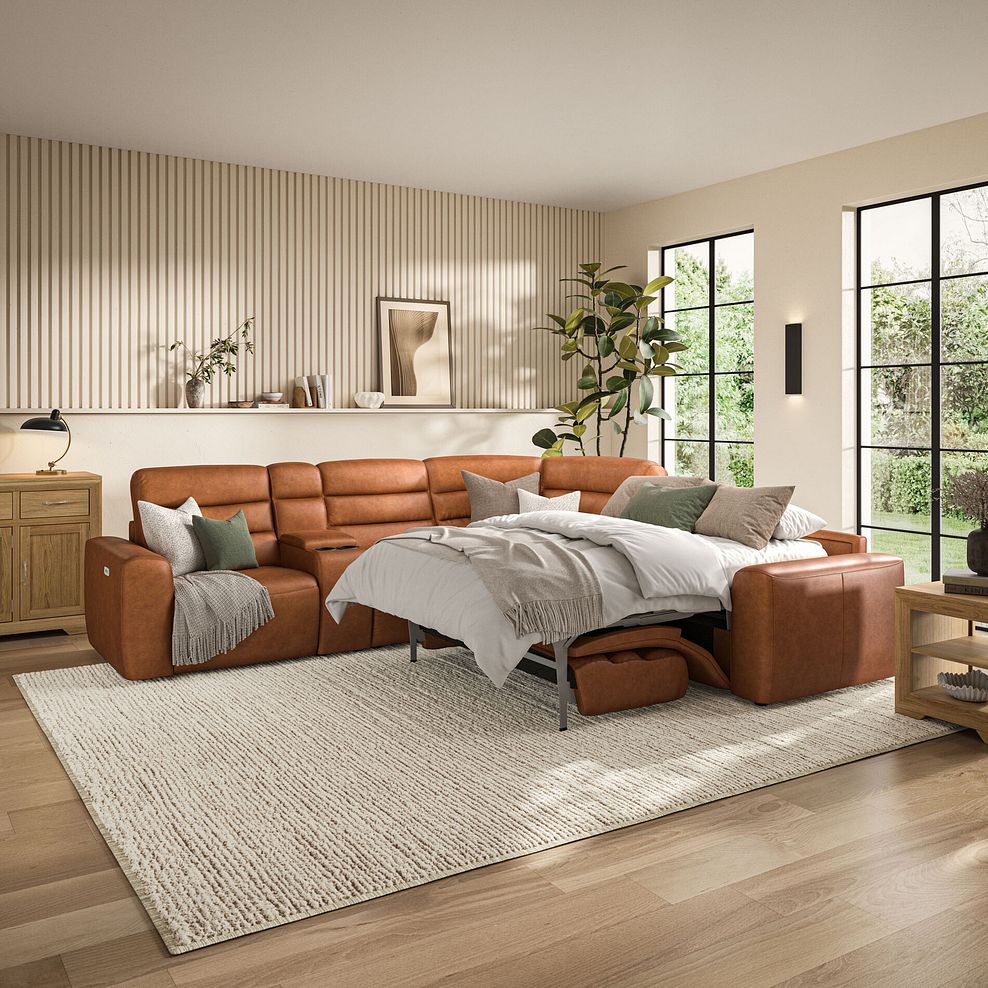 Cohen Large Corner Electric Recliner with Right Hand Sofa Bed and Console in Virgo Cognac Leather 4