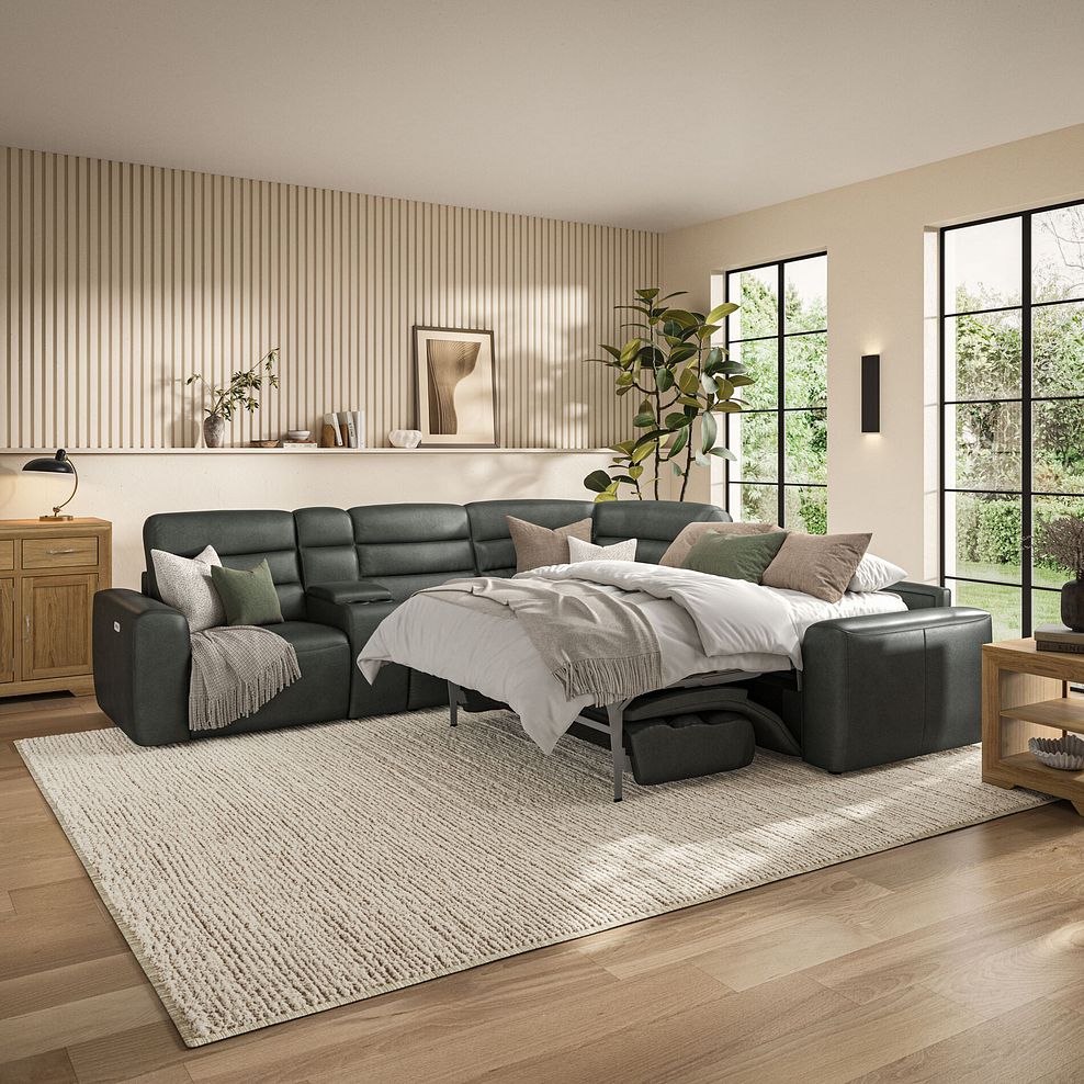 Cohen Large Corner Electric Recliner with Right Hand Sofa Bed and Console in Virgo Lead Leather 4