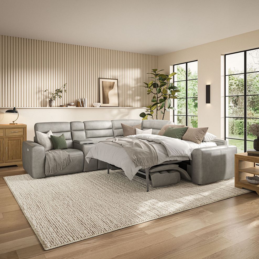 Cohen Large Corner Electric Recliner with Right Hand Sofa Bed and Console in Virgo Platinum Leather 4