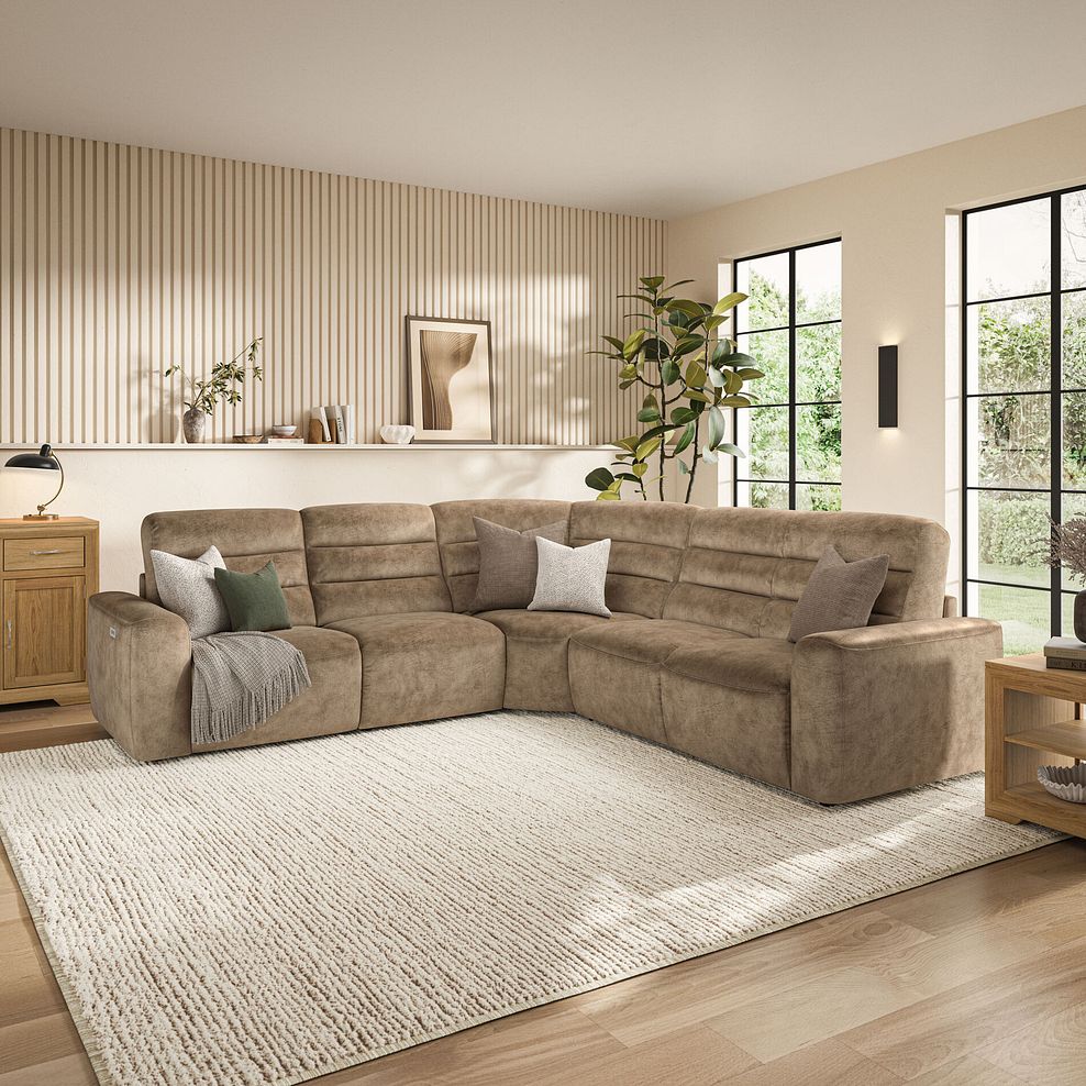 Cohen Large Corner Electric Recliner with Right Hand Sofa Bed in Dapple Taupe Fabric 3