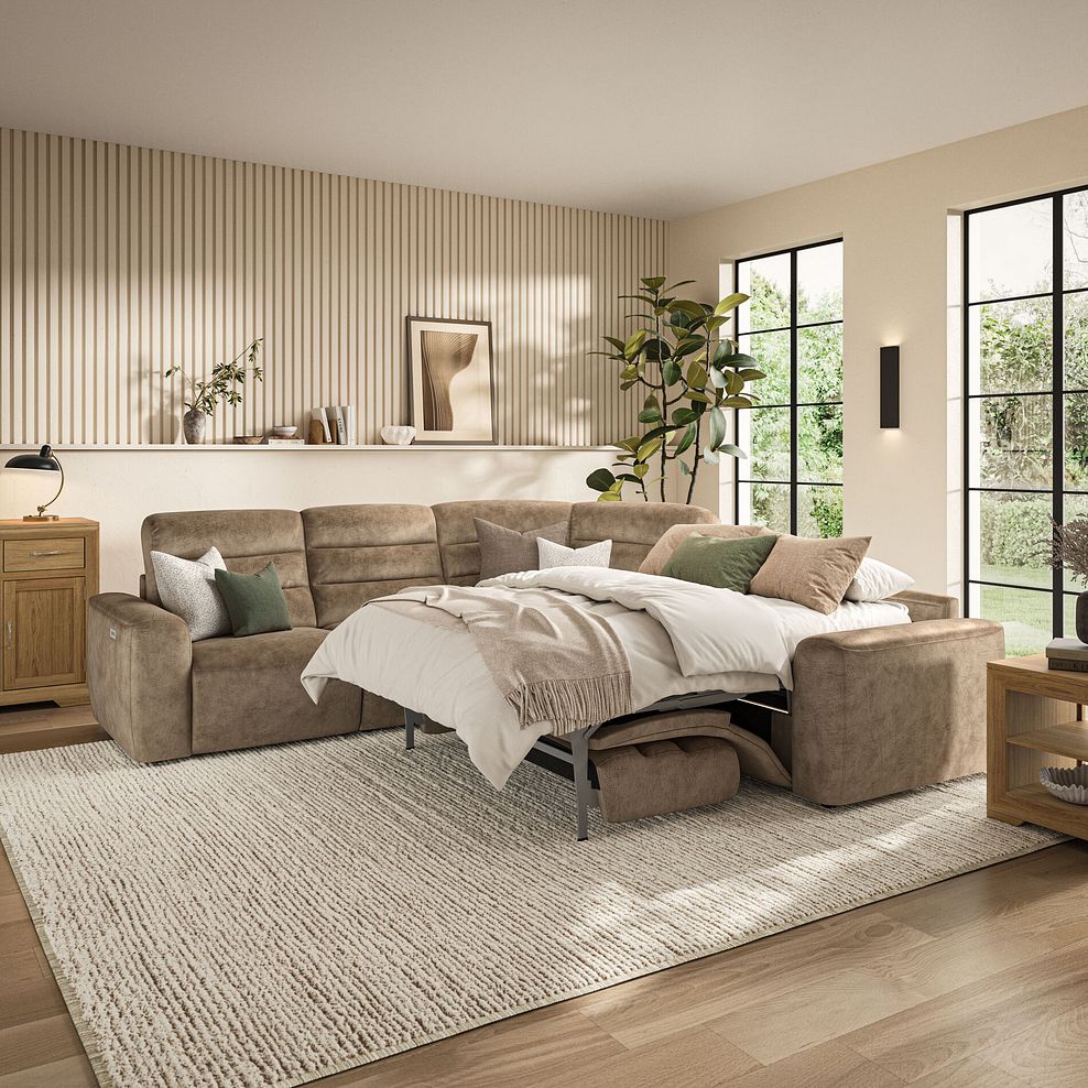 Cohen Large Corner Electric Recliner with Right Hand Sofa Bed in Dapple Taupe Fabric 1