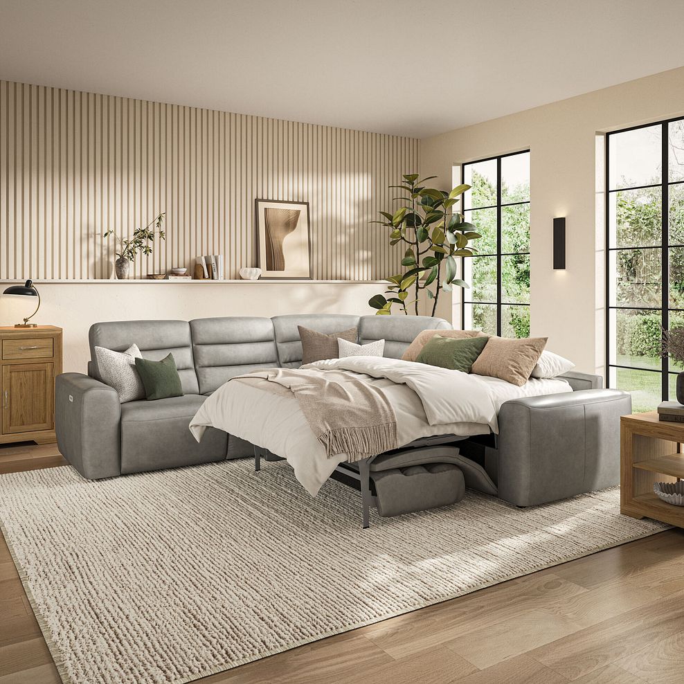 Cohen Large Corner Electric Recliner with Right Hand Sofa Bed in Virgo Platinum Leather 1