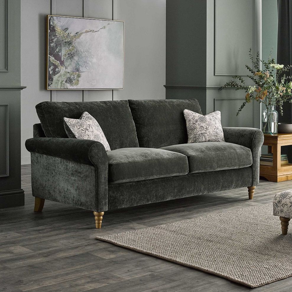 Bramble Country Style 3 Seater Sofa in Pellier Thyme with Carbon Scatters 1
