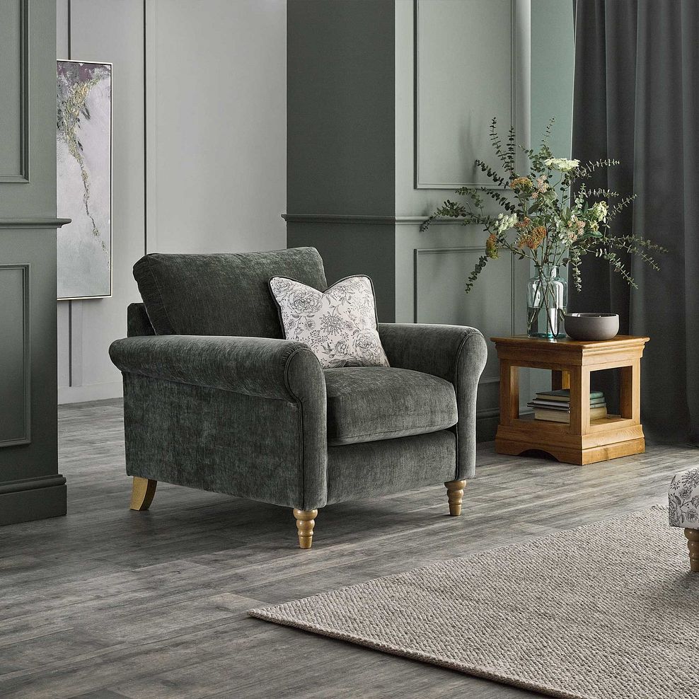 Bramble Country Style Armchair in Pellier Thyme with Carbon Scatters 1