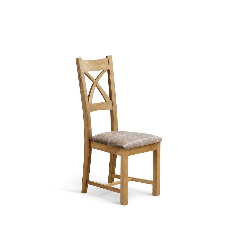 Cross Back Natural Solid Oak Chair with Checked Beige Fabric Seat 1