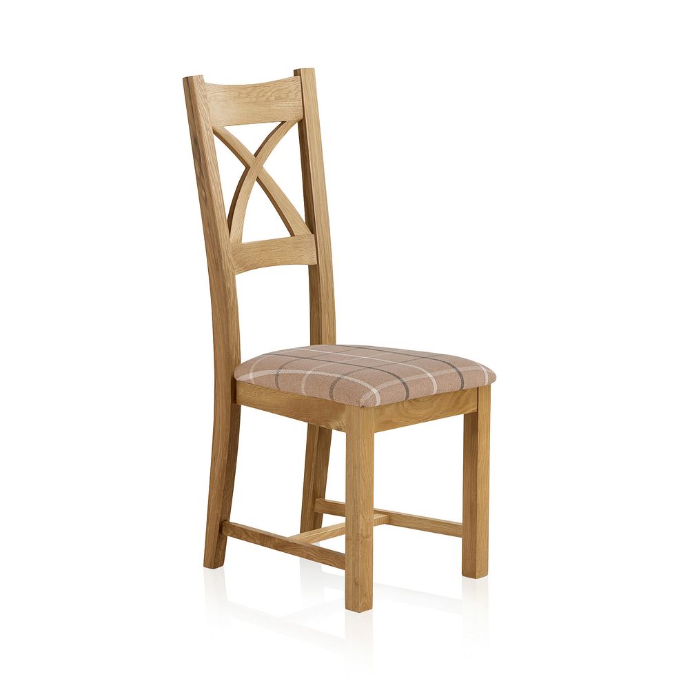 Cross Back Natural Solid Oak Chair with Checked Latte Fabric Seat 1