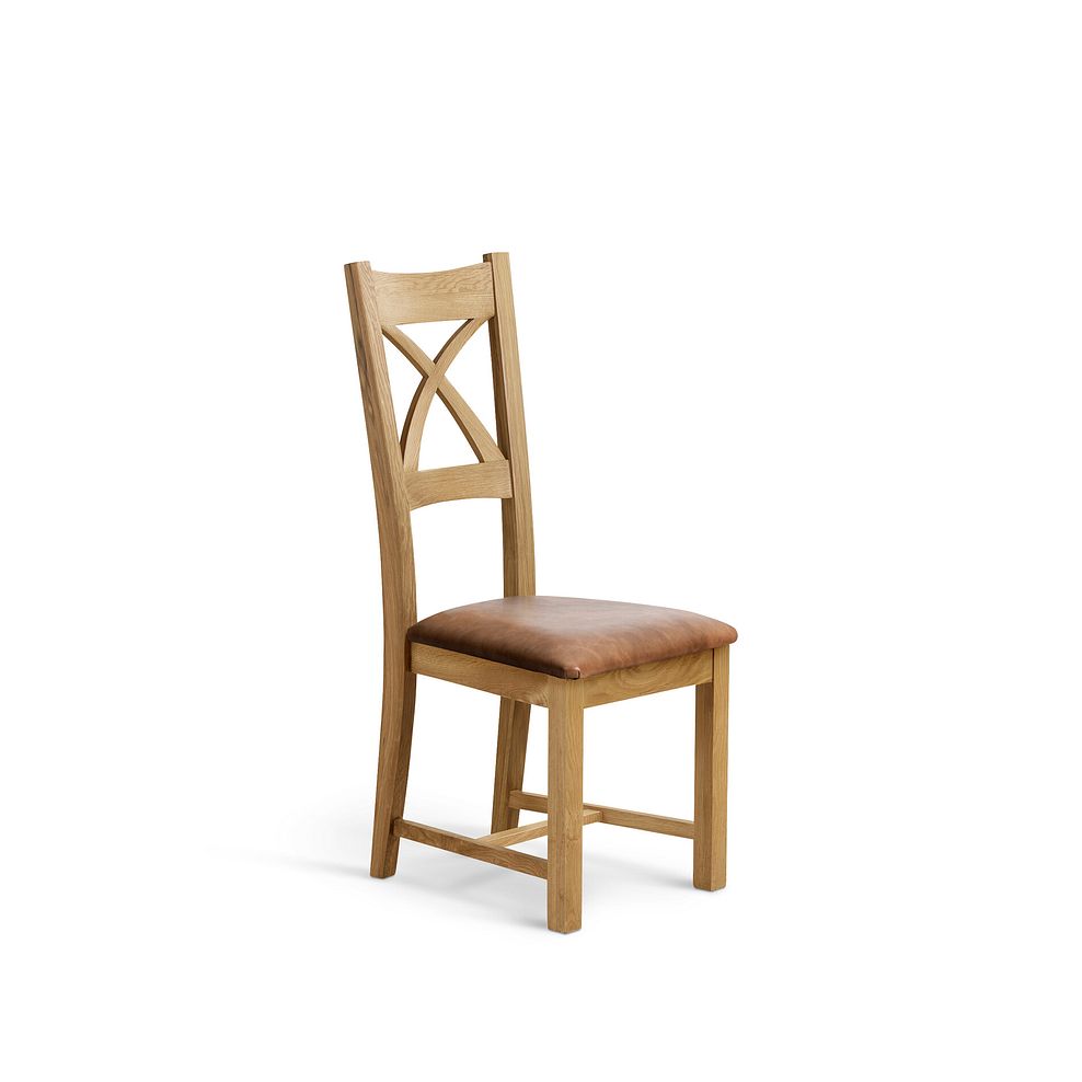 Cross Back Natural Solid Oak Chair with Vintage Tan Leather Look Fabric Seat 1