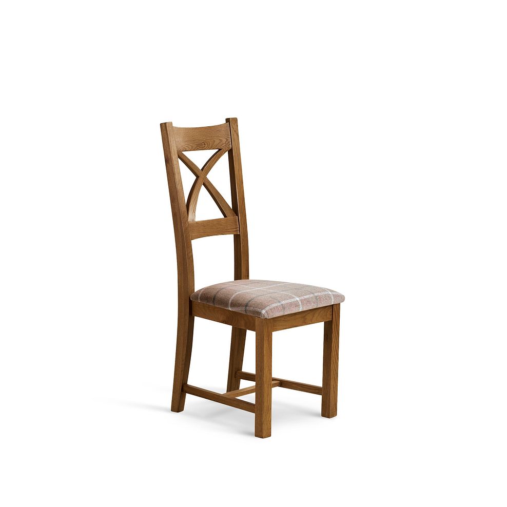 Cross Back Rustic Solid Oak Chair with Checked Beige Fabric Seat 1