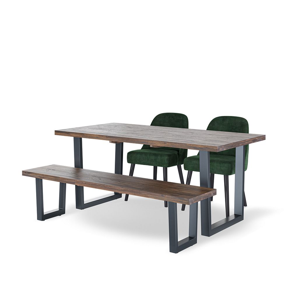 Detroit Hardwood and Metal Dining Table + 2 Bette Chairs in Bottle Green Velvet with 1 Detroit Bench 1