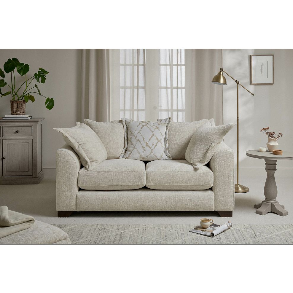 Dewsbury 2 Seater Pillow Back Sofa in Milo Cream Fabric with Natural Scatter Cushions 1