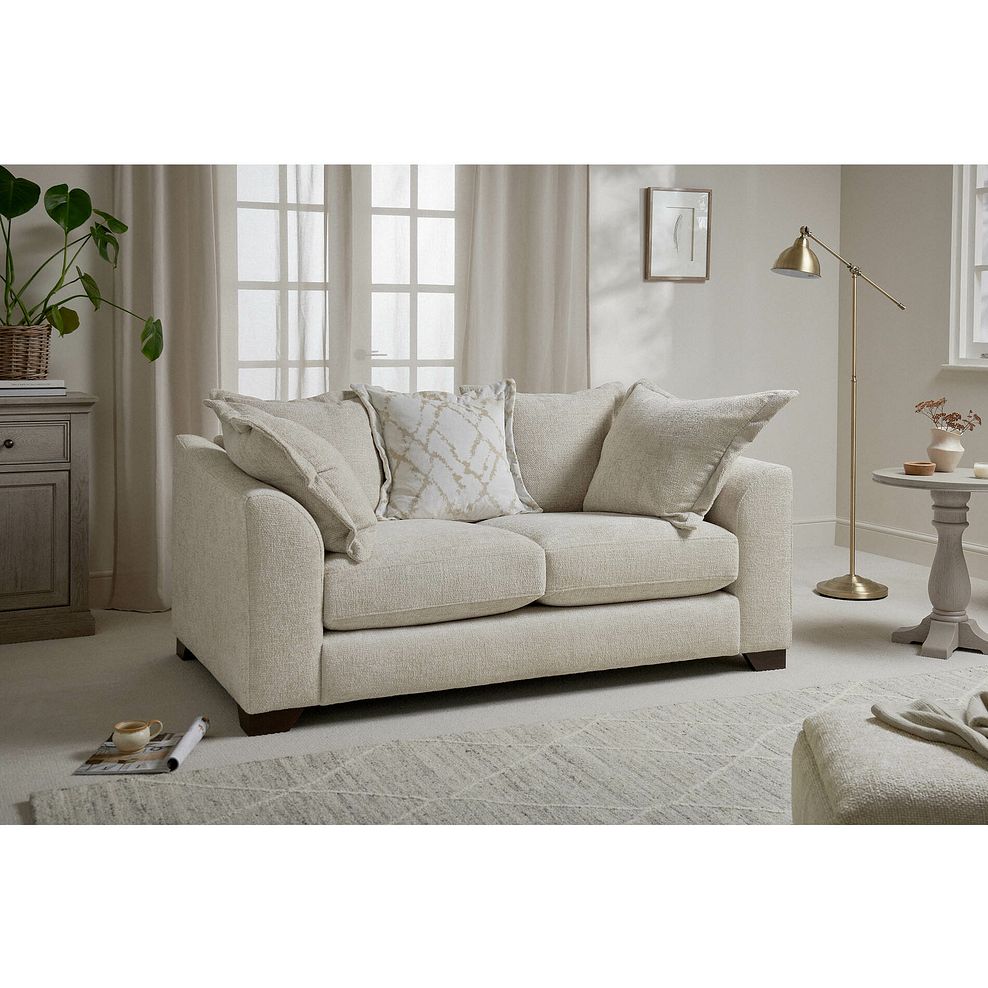 Dewsbury 2 Seater Pillow Back Sofa in Milo Cream Fabric with Natural Scatter Cushions 2