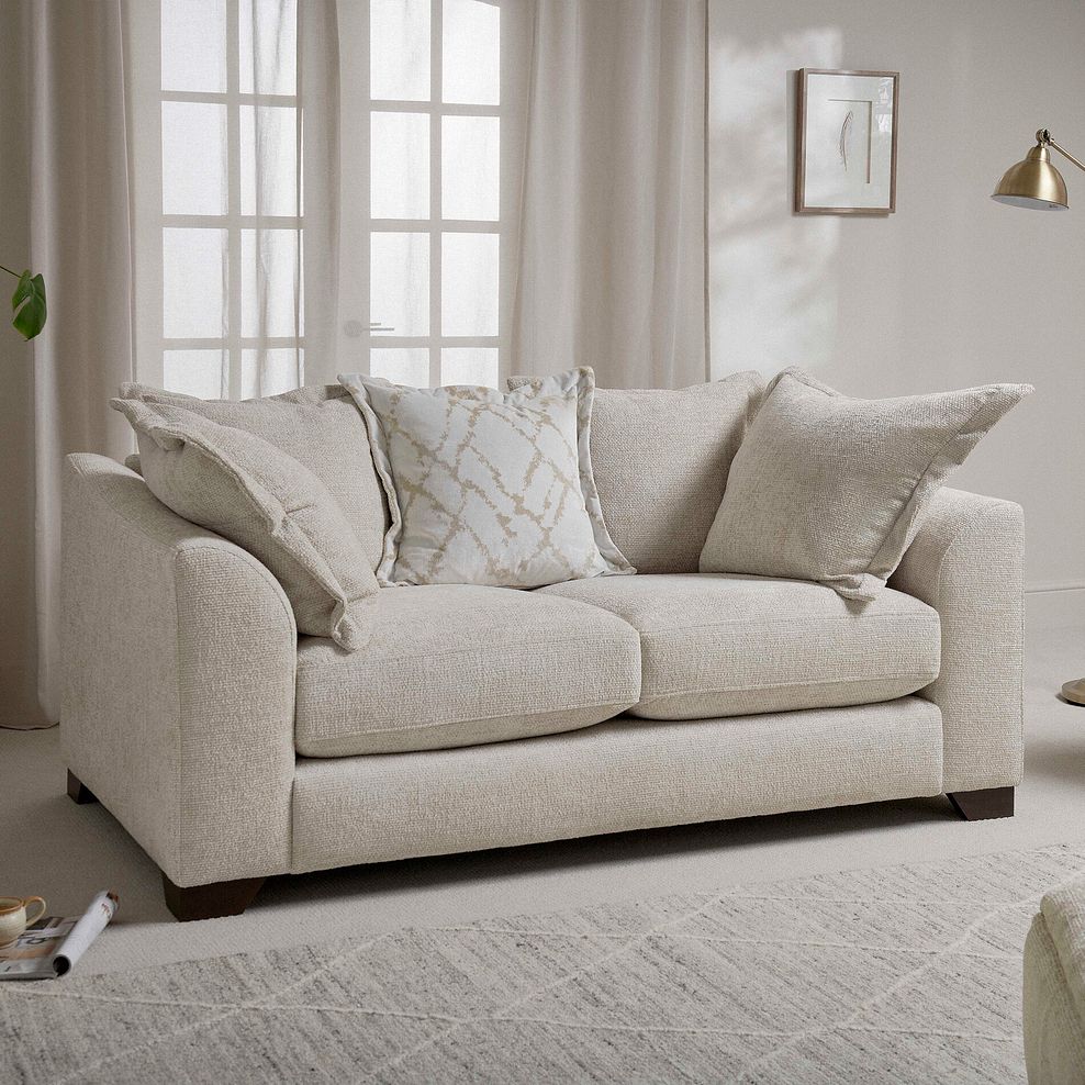 Dewsbury 2 Seater Pillow Back Sofa in Milo Cream Fabric with Natural Scatter Cushions 1
