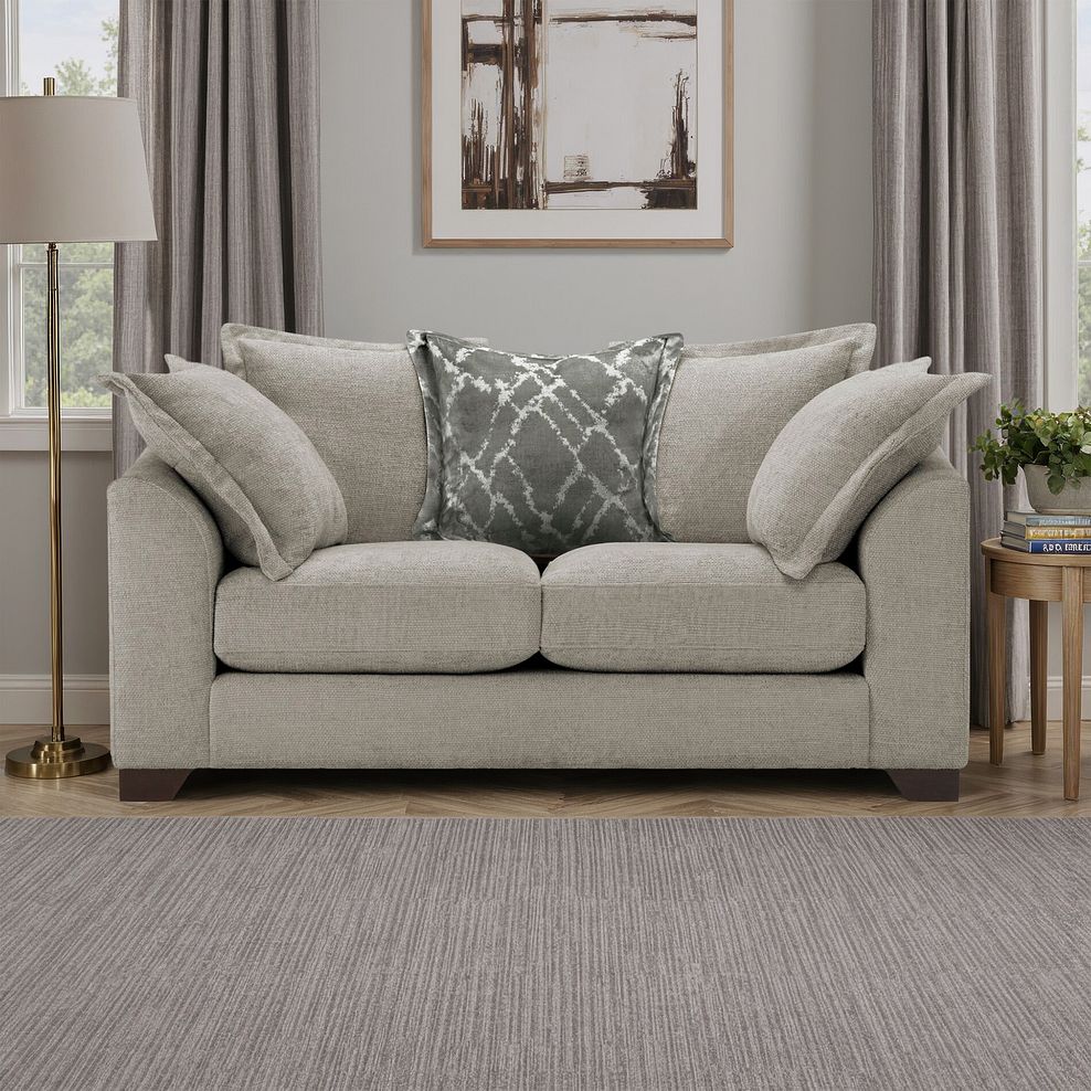 Dewsbury 2 Seater Pillow Back Sofa in Milo Mink Fabric with Mink Scatter Cushions 1