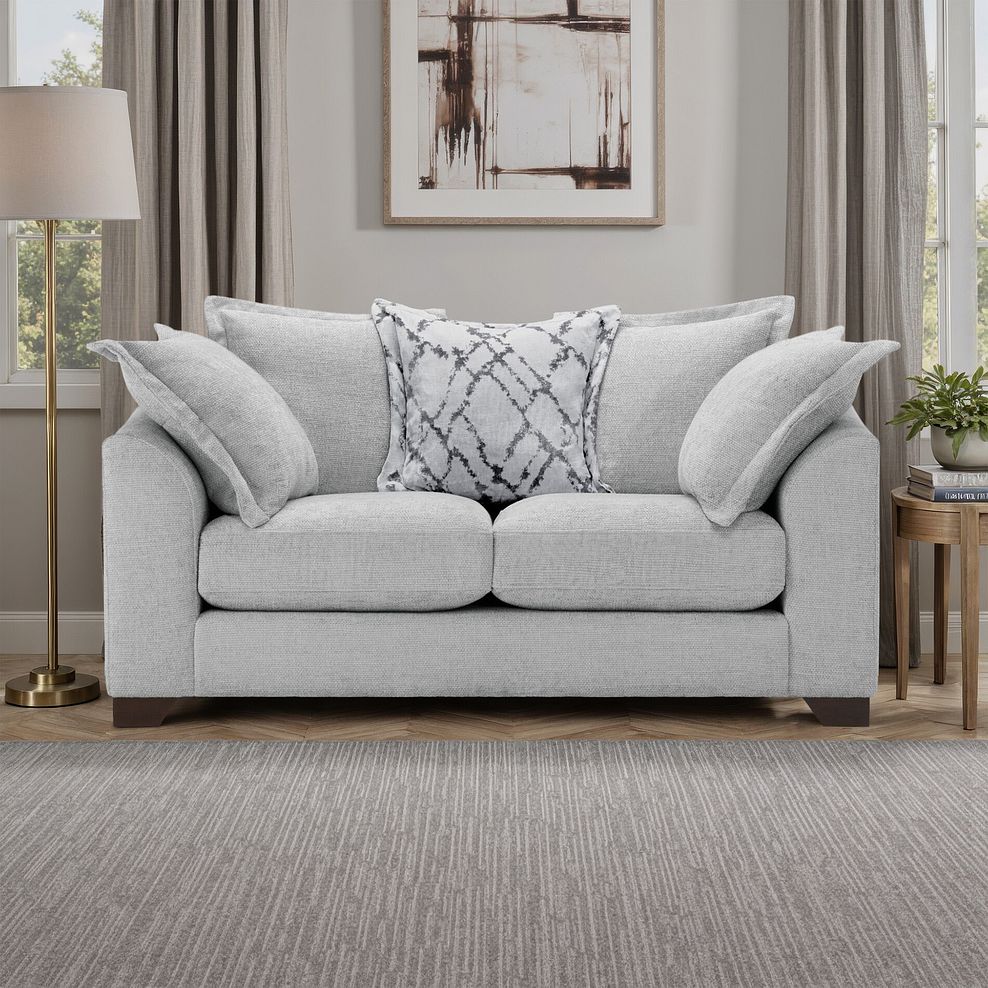 Dewsbury 2 Seater Pillow Back Sofa in Milo Silver Fabric with Silver Scatter Cushions 1