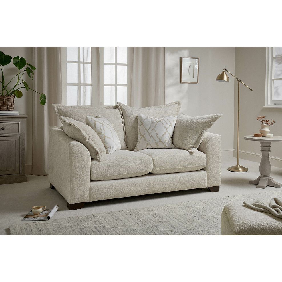 Dewsbury 2 Seater Sofa in Milo Cream Fabric with Natural Scatter Cushions 1