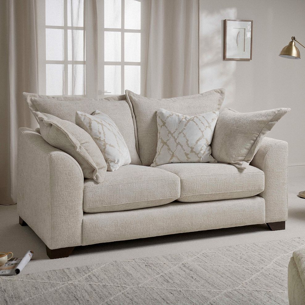 Dewsbury 2 Seater Sofa in Milo Cream Fabric with Natural Scatter Cushions 1