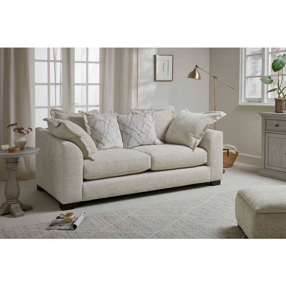 Dewsbury 3 Seater Pillow Back Sofa in Milo Cream Fabric with Natural Scatter Cushions 1