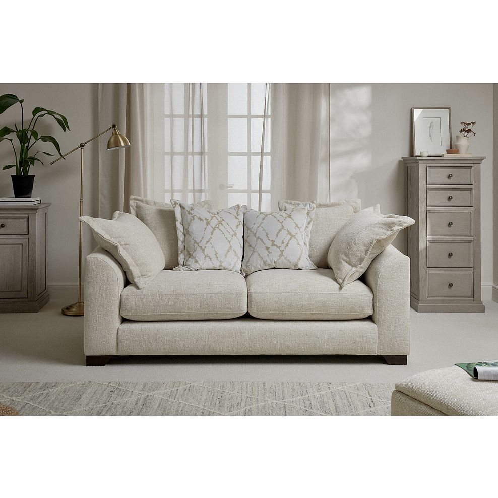 Dewsbury 3 Seater Pillow Back Sofa in Milo Cream Fabric with Natural Scatter Cushions 2