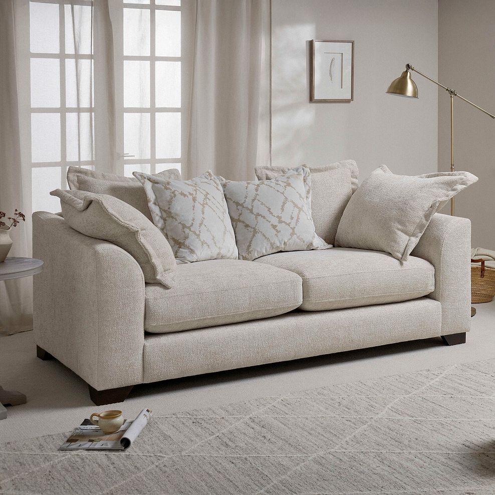 Dewsbury 3 Seater Pillow Back Sofa in Milo Cream Fabric with Natural Scatter Cushions 1