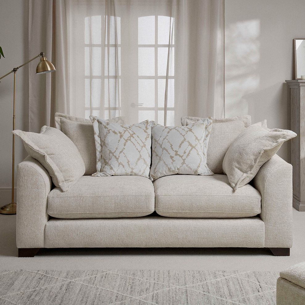 Dewsbury 3 Seater Pillow Back Sofa in Milo Cream Fabric with Natural Scatter Cushions 2