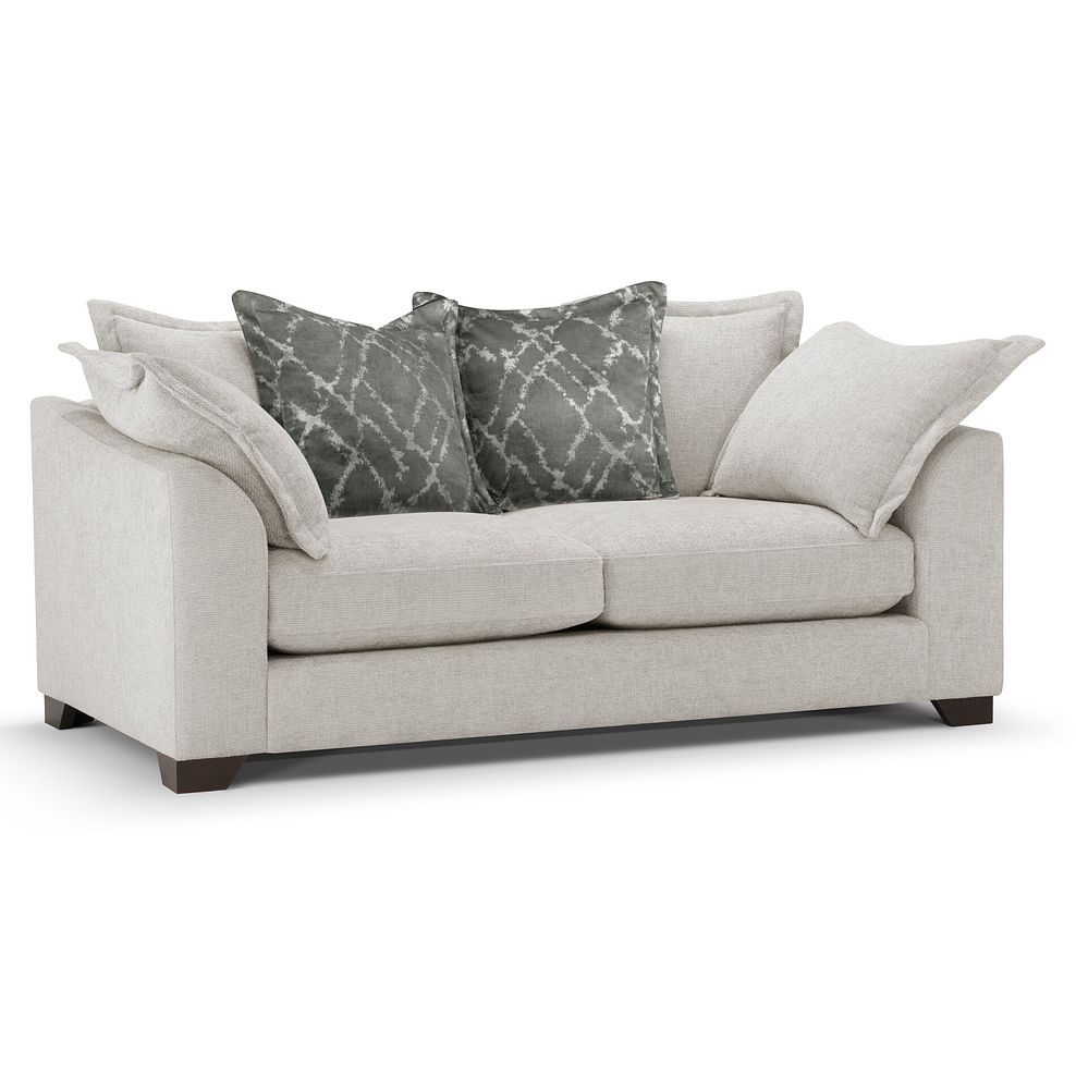 Dewsbury 3 Seater Pillow Back Sofa in Milo Ivory Fabric with Mink Scatter Cushions 1