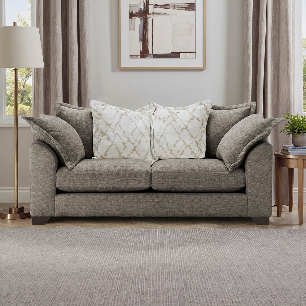 Dewsbury 3 Seater Pillow Back Sofa in Milo Mocha Fabric with Natural Scatter Cushions 1