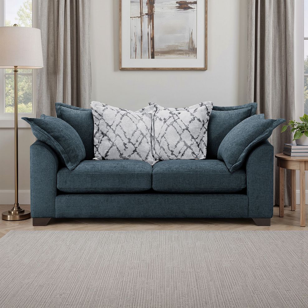 Dewsbury 3 Seater Pillow Back Sofa in Milo Navy Fabric with Silver Scatter Cushions 1