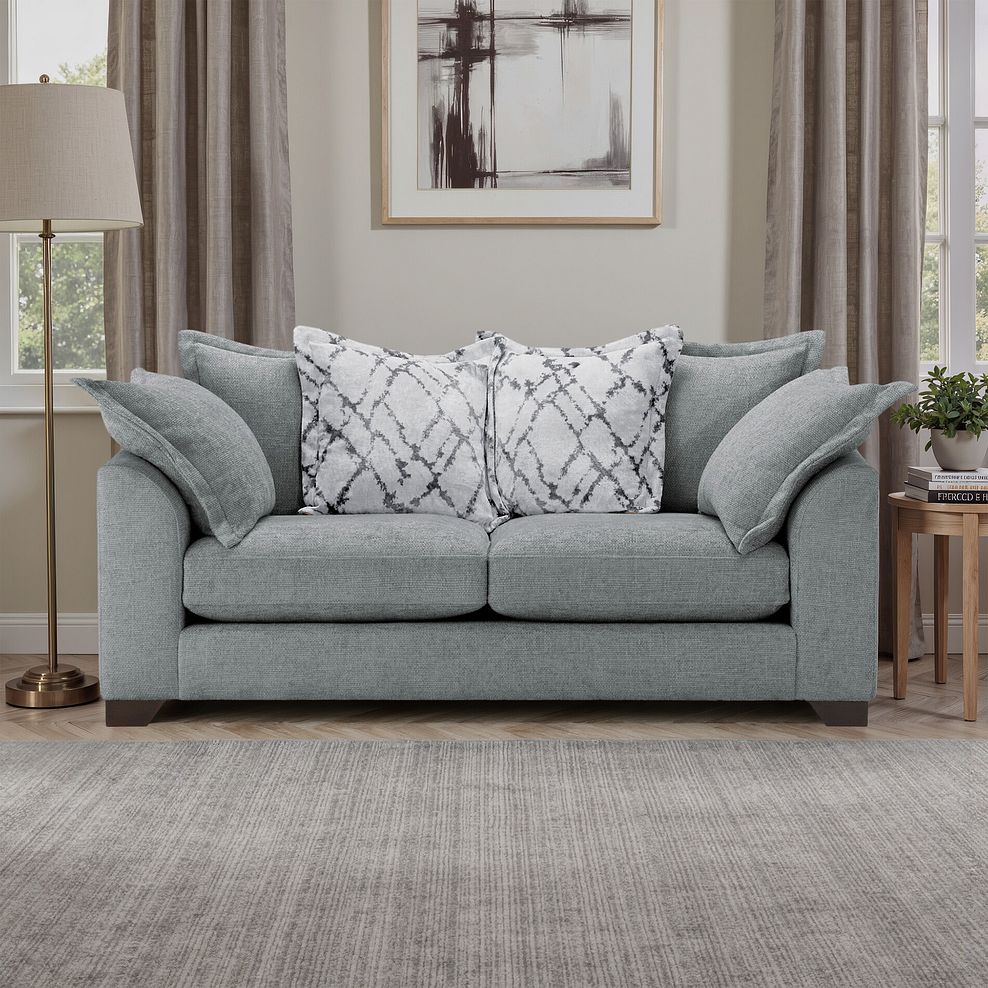 Dewsbury 3 Seater Pillow Back Sofa in Milo Pewter Fabric with Silver Scatter Cushions 1